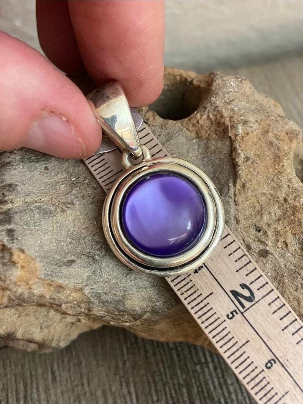 Vintage 80s Purple Acrylic Cabochon Set in Silver Round Pendant